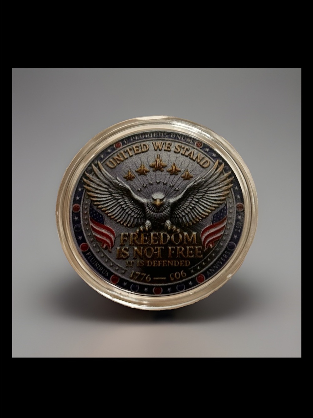 Freedom Is Not Free Eagle Metal Tin - Black & Gold 2-D Coin.